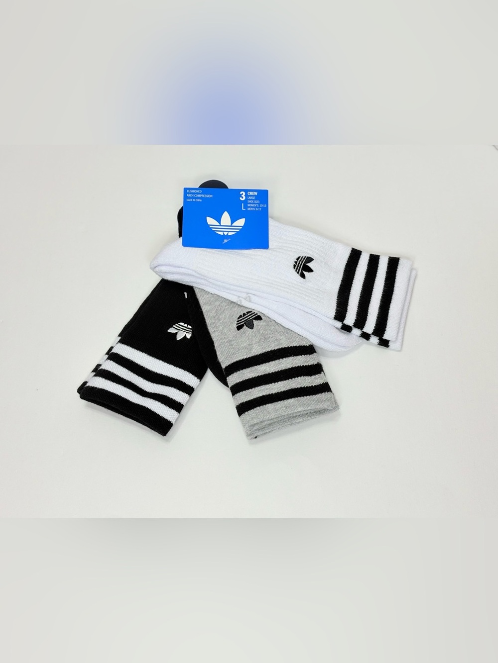 adidas Originals 3-Pack Roller Crew Socks in Black, White & Gray with Trefoil